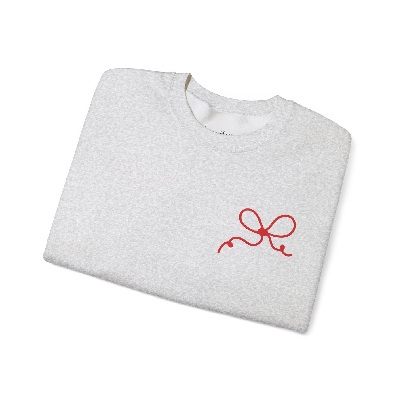 Folded grey Coquette Bow Crewneck Sweatshirt with small red bow design on front.