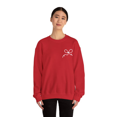 Red Coquette Bow Crewneck Sweatshirt with front bow design, comfortable cotton-polyester blend, ribbed collar.