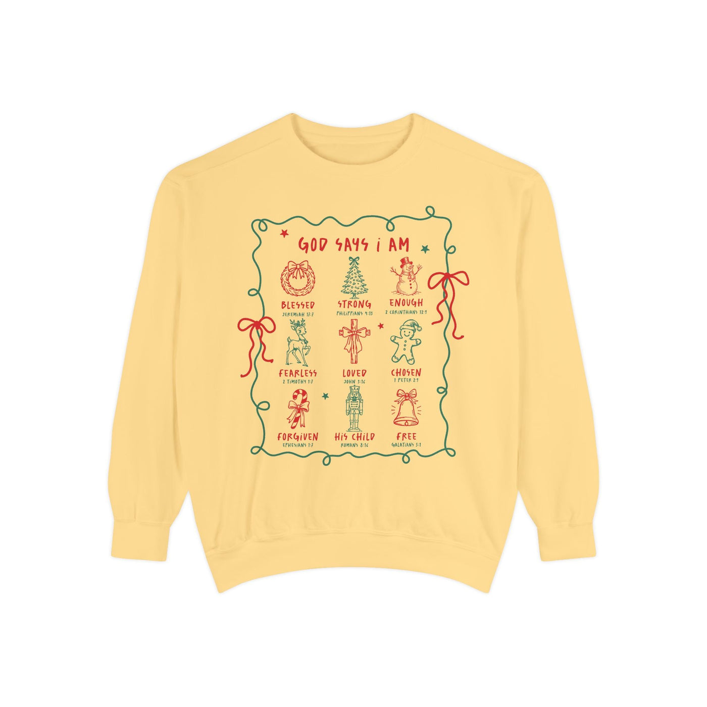 Yellow "God Says I Am" inspirational crewneck sweatshirt with festive embroidered Bible verse designs