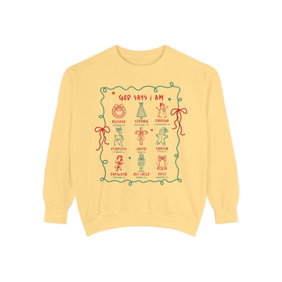 Yellow "God Says I Am" inspirational crewneck sweatshirt with festive embroidered Bible verse designs