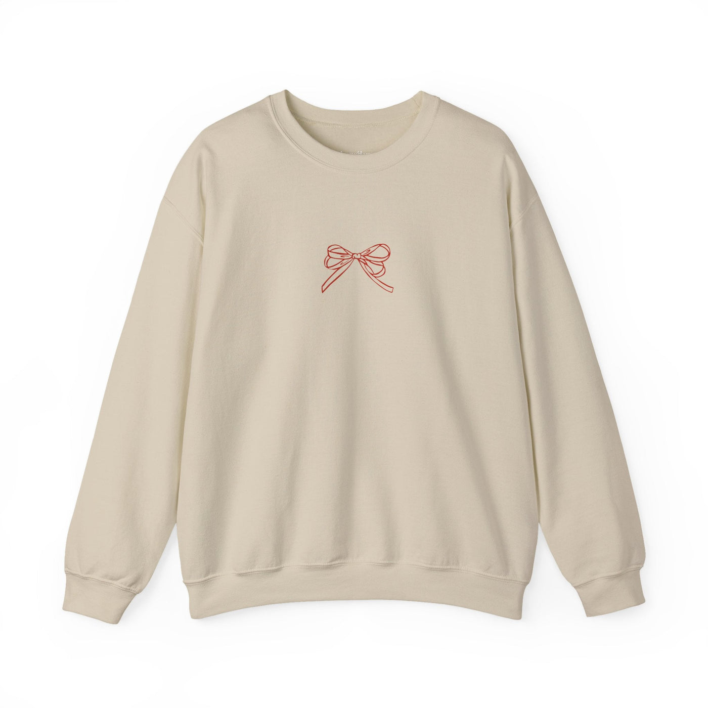 Beige Holiday Bow Crewneck Sweatshirt with red bow design on front, festive winter wear for adults