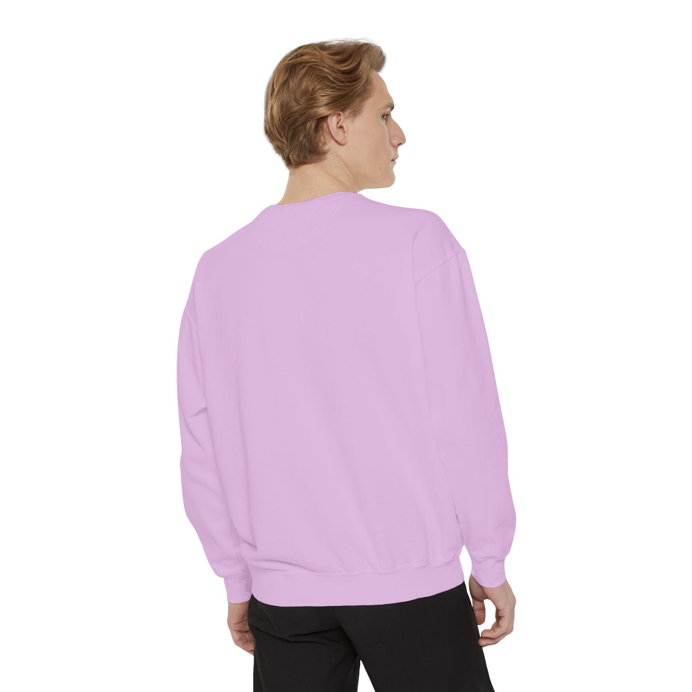 Back view of unisex lavender mountain skiing sweatshirt with relaxed fit and ribbed cuffs and hem