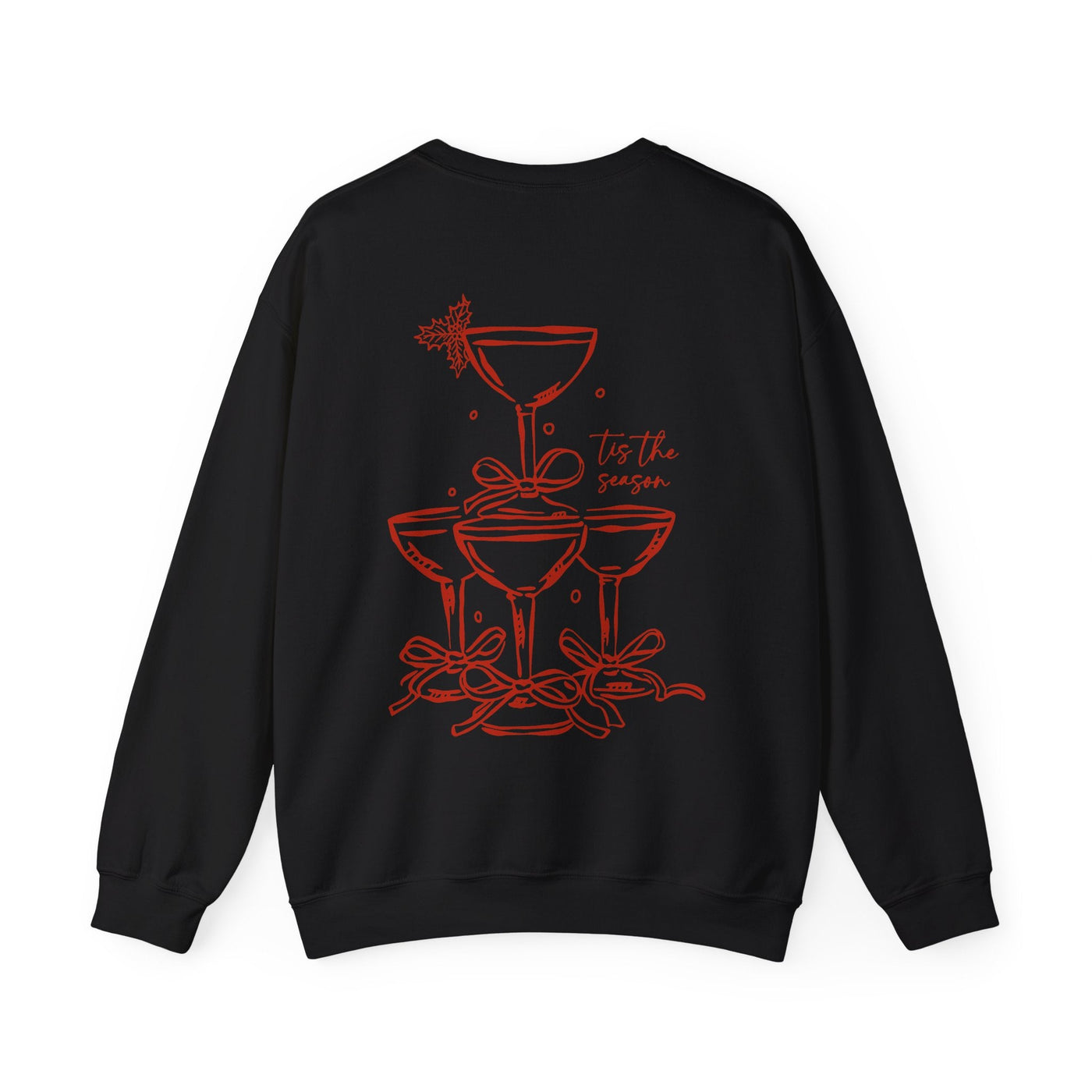 Black Holiday Bow Crewneck Sweatshirt with festive red champagne tower and bow design back print, cozy and durable holiday sweater for adults
