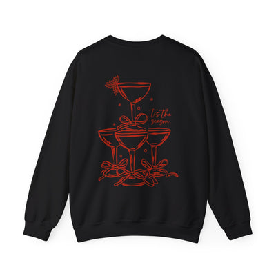 Black Holiday Bow Crewneck Sweatshirt with festive red champagne tower and bow design back print, cozy and durable holiday sweater for adults