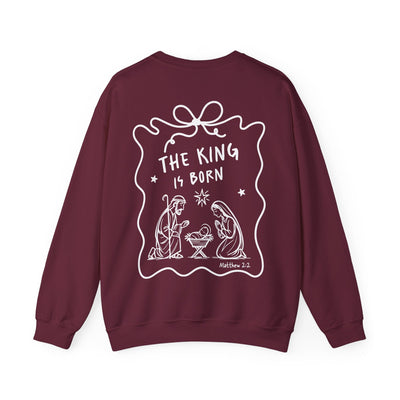 Maroon Coquette Bow Crewneck Sweatshirt with "The King is Born" nativity faith design on back
