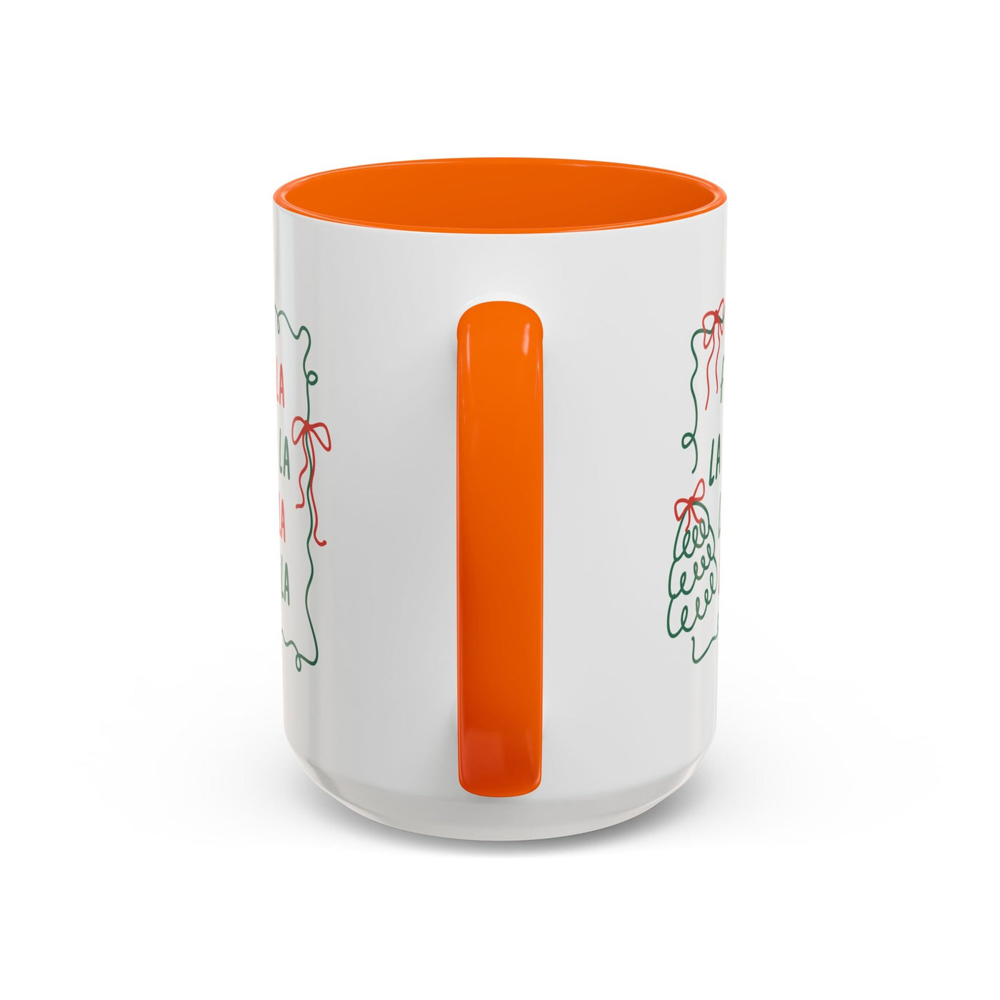 Fa La La Christmas coffee mug with white ceramic and orange handle and interior, minimalist holiday design, dishwasher and microwave safe