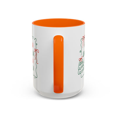 Fa La La Christmas coffee mug with white ceramic and orange handle and interior, minimalist holiday design, dishwasher and microwave safe