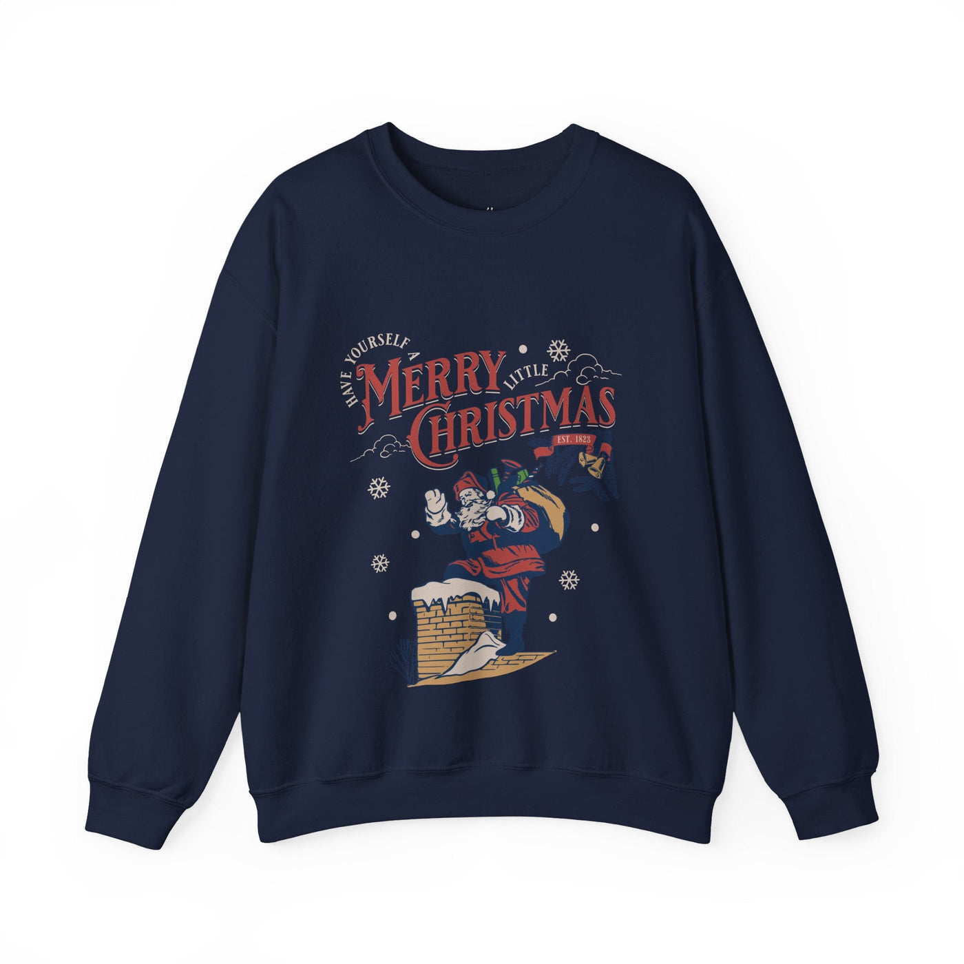 Navy vintage Santa crewneck sweatshirt with Santa carrying gift bag climbing chimney and "Merry Christmas" text.