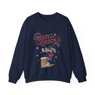 Navy vintage Santa crewneck sweatshirt with Santa carrying gift bag climbing chimney and "Merry Christmas" text.