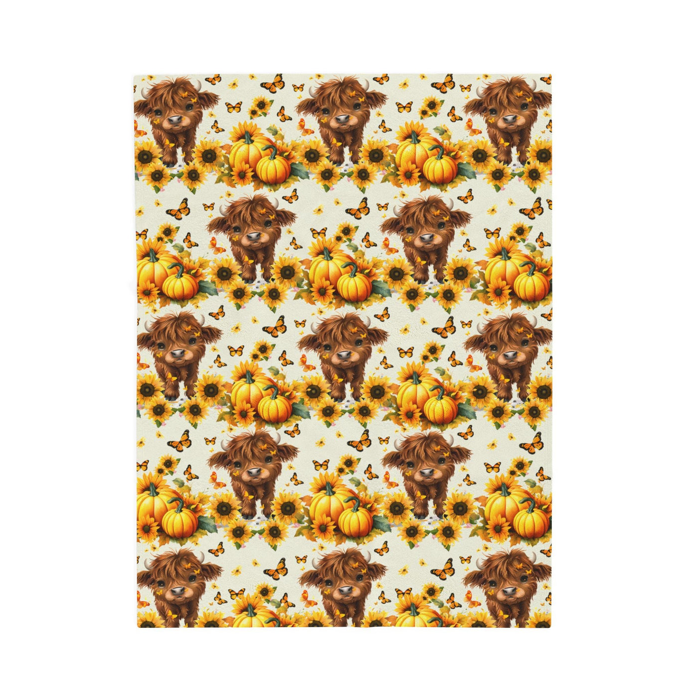 Highland Cow Velveteen Plush Blanket with autumn pumpkins sunflowers and puppies cozy farmhouse throw