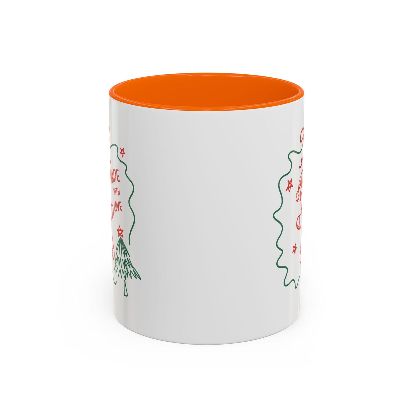 Minimalist white ceramic festive Christmas coffee mug with orange interior, holiday design, available in 11oz and 15oz sizes