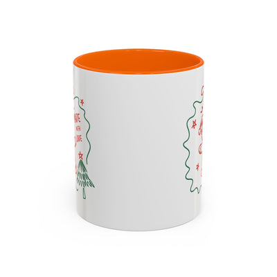 Minimalist white ceramic festive Christmas coffee mug with orange interior, holiday design, available in 11oz and 15oz sizes