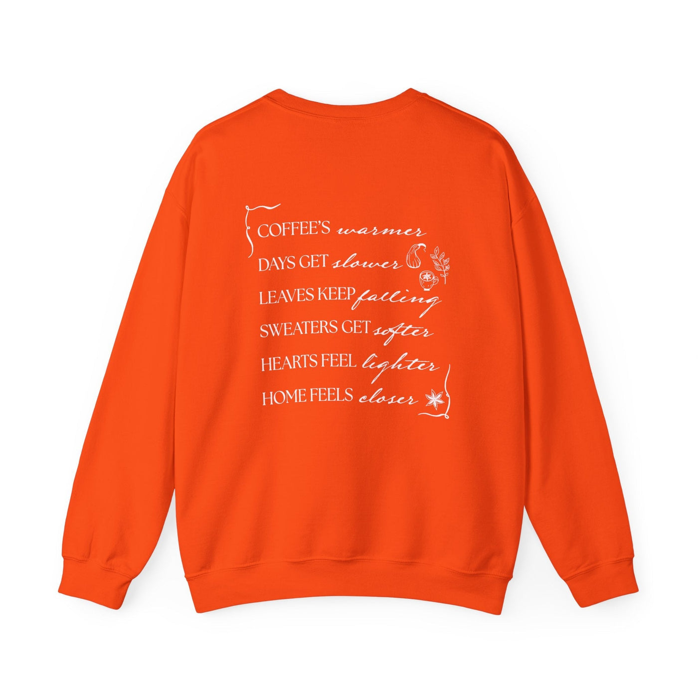 Orange Fall Things Sweatshirt with cozy autumn verse print for coffee lovers and homebodies