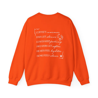 Orange Fall Things Sweatshirt with cozy autumn verse print for coffee lovers and homebodies