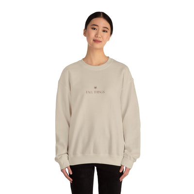 Cozy beige Fall Things Sweatshirt with minimalist autumn design on female model
