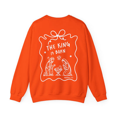 Orange Coquette Bow Crewneck Sweatshirt with "The King is Born" nativity faith design on back