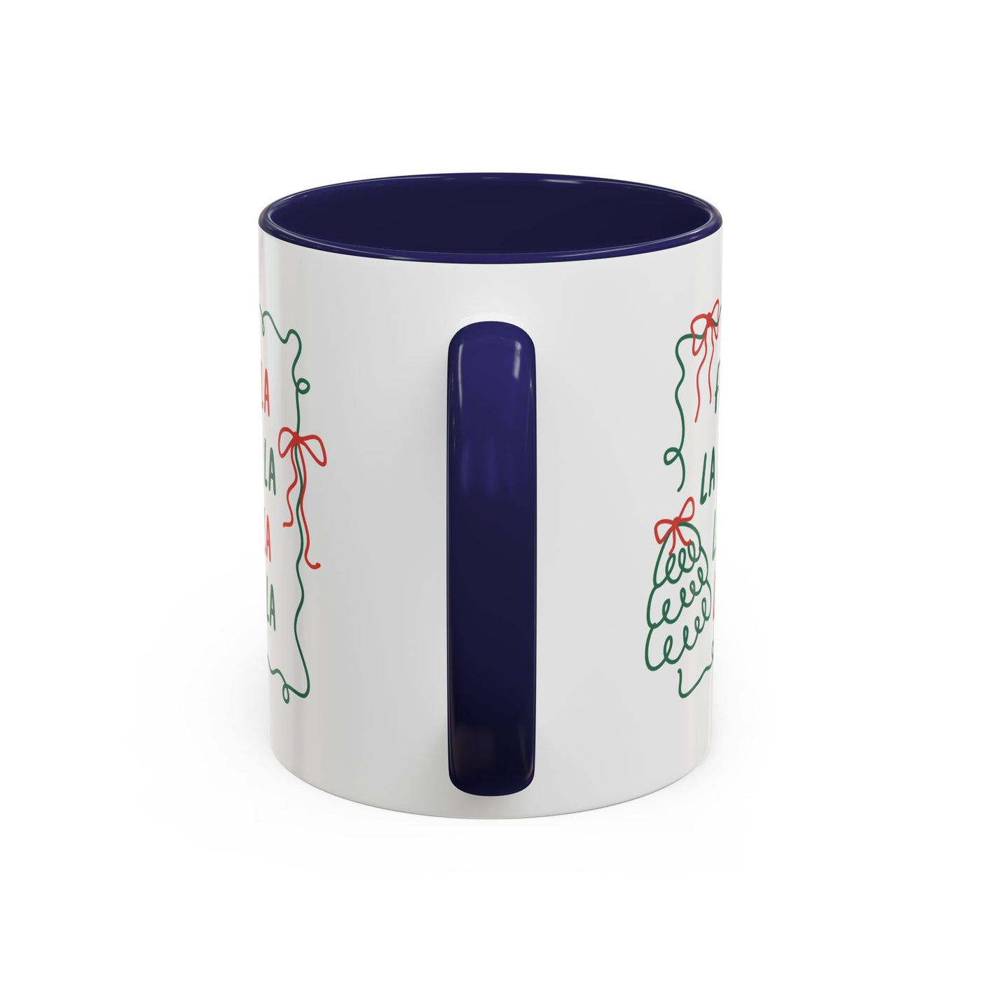 Fa La La Christmas Coffee Mug with minimalist holiday design, white ceramic, navy handle, and interior, microwave and dishwasher safe