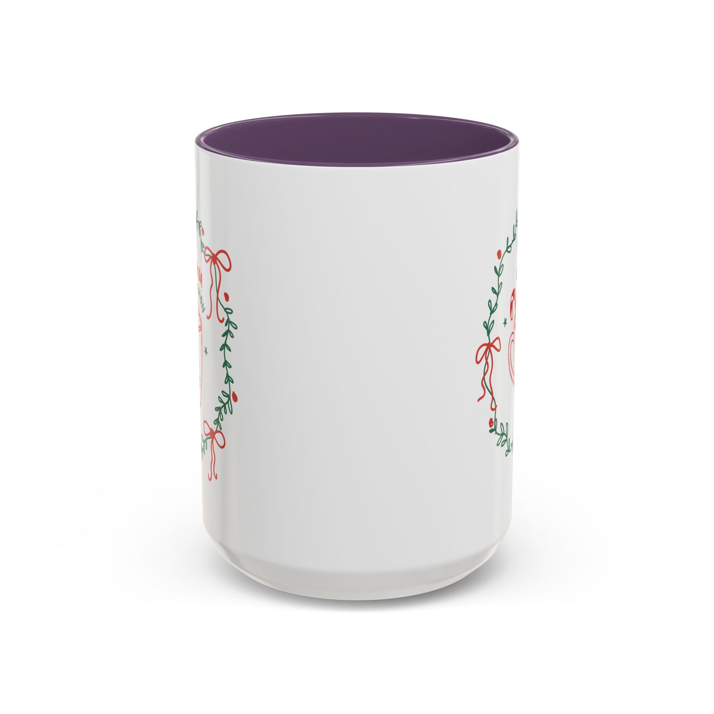 White ceramic mug with festive greenery and red bows design, red interior, 11oz and 15oz sizes, microwave and dishwasher safe