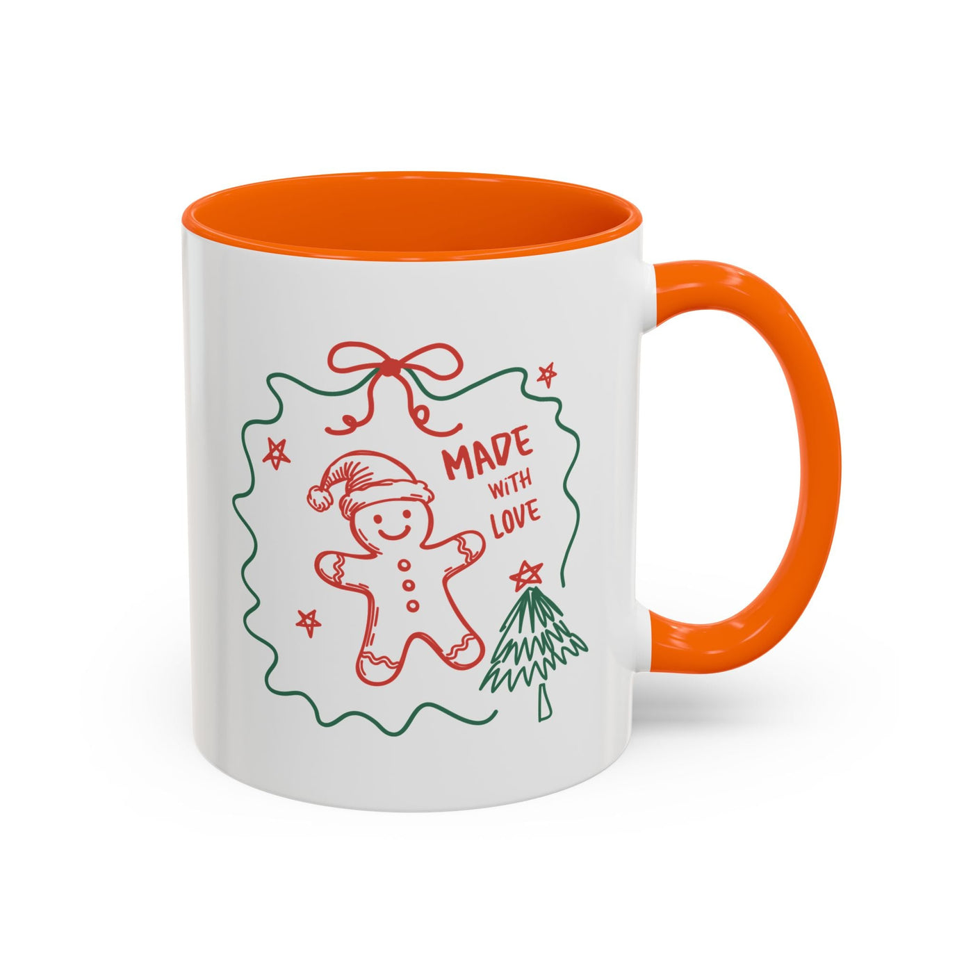 Festive Christmas coffee mug with orange handle and interior featuring gingerbread man and holiday design made with love