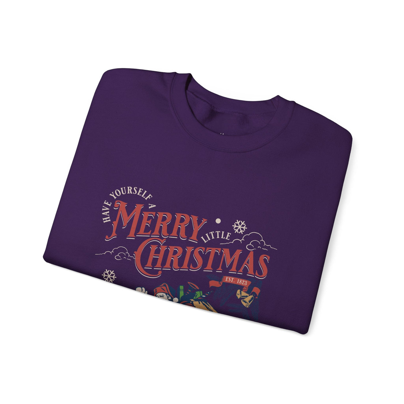 Folded purple vintage Santa crewneck sweatshirt with Merry Christmas holiday design