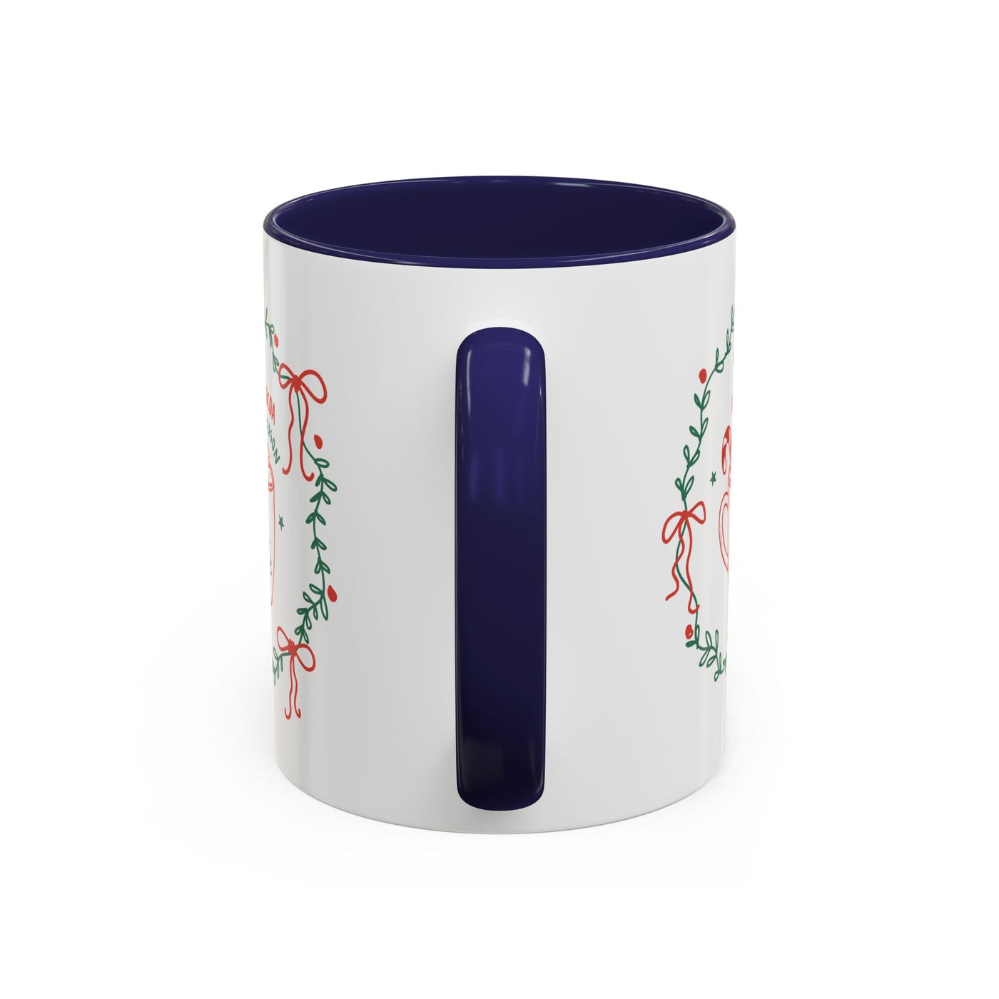 White ceramic mug with red interior and holiday greenery design, available in 11oz and 15oz sizes