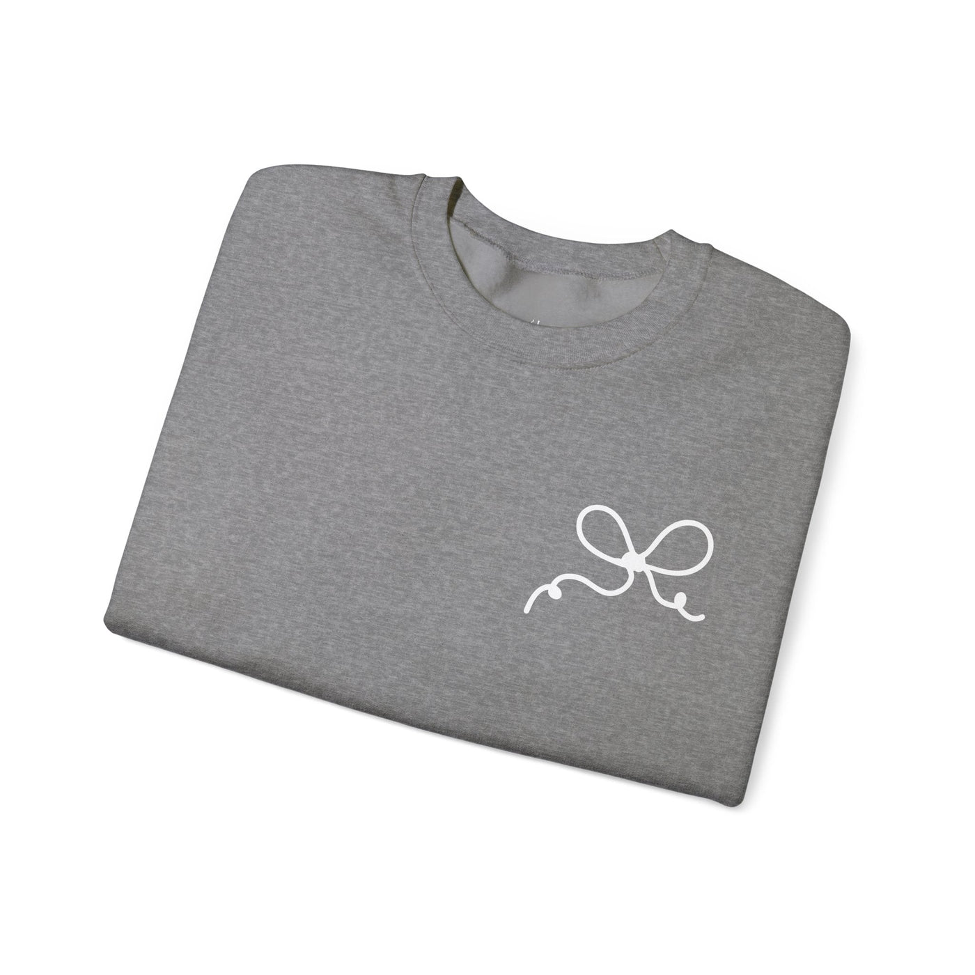 Folded gray Coquette Bow Crewneck Sweatshirt with white bow design on front, cotton-polyester blend.