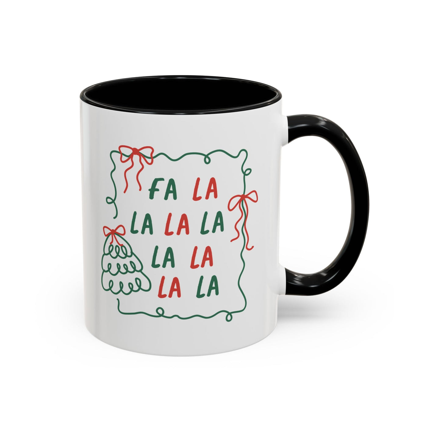 White ceramic Fa La La Christmas coffee mug with black handle and festive minimalist design