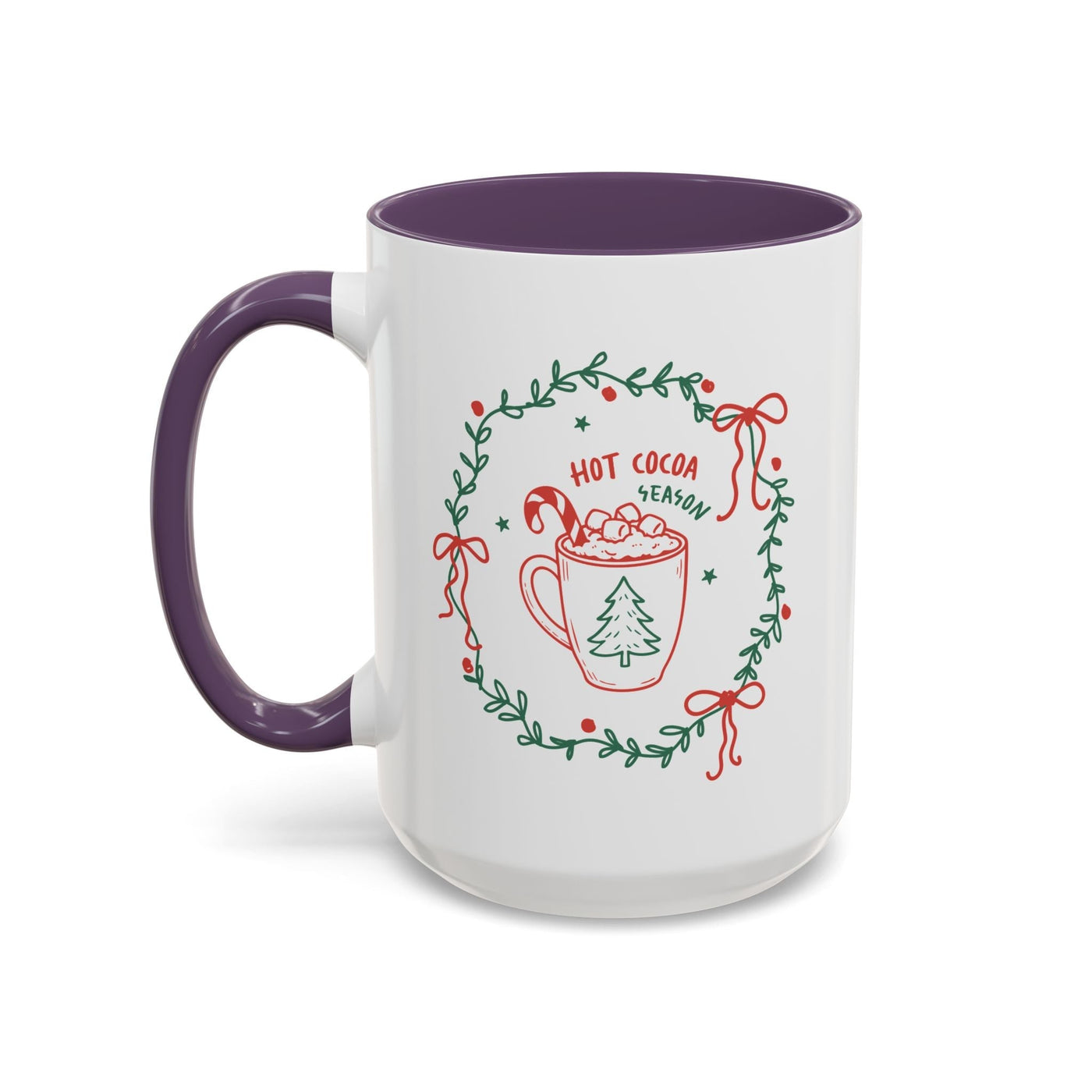 White ceramic mug with purple handle and interior, festive hot cocoa season design with greenery and red accents