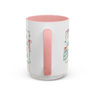Fa La La Christmas coffee mug with pink handle and interior, minimalist holiday ceramic cup design