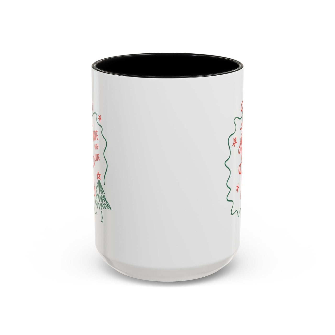 Minimalist festive Christmas coffee mug with white exterior and black interior, ceramic holiday cup for 11oz or 15oz capacity, perfect gift for coffee lovers