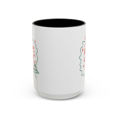 Minimalist festive Christmas coffee mug with white exterior and black interior, ceramic holiday cup for 11oz or 15oz capacity, perfect gift for coffee lovers