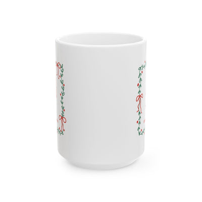 White ceramic mug with Season of Sweets candy cane design and green border in 11oz and 15oz sizes