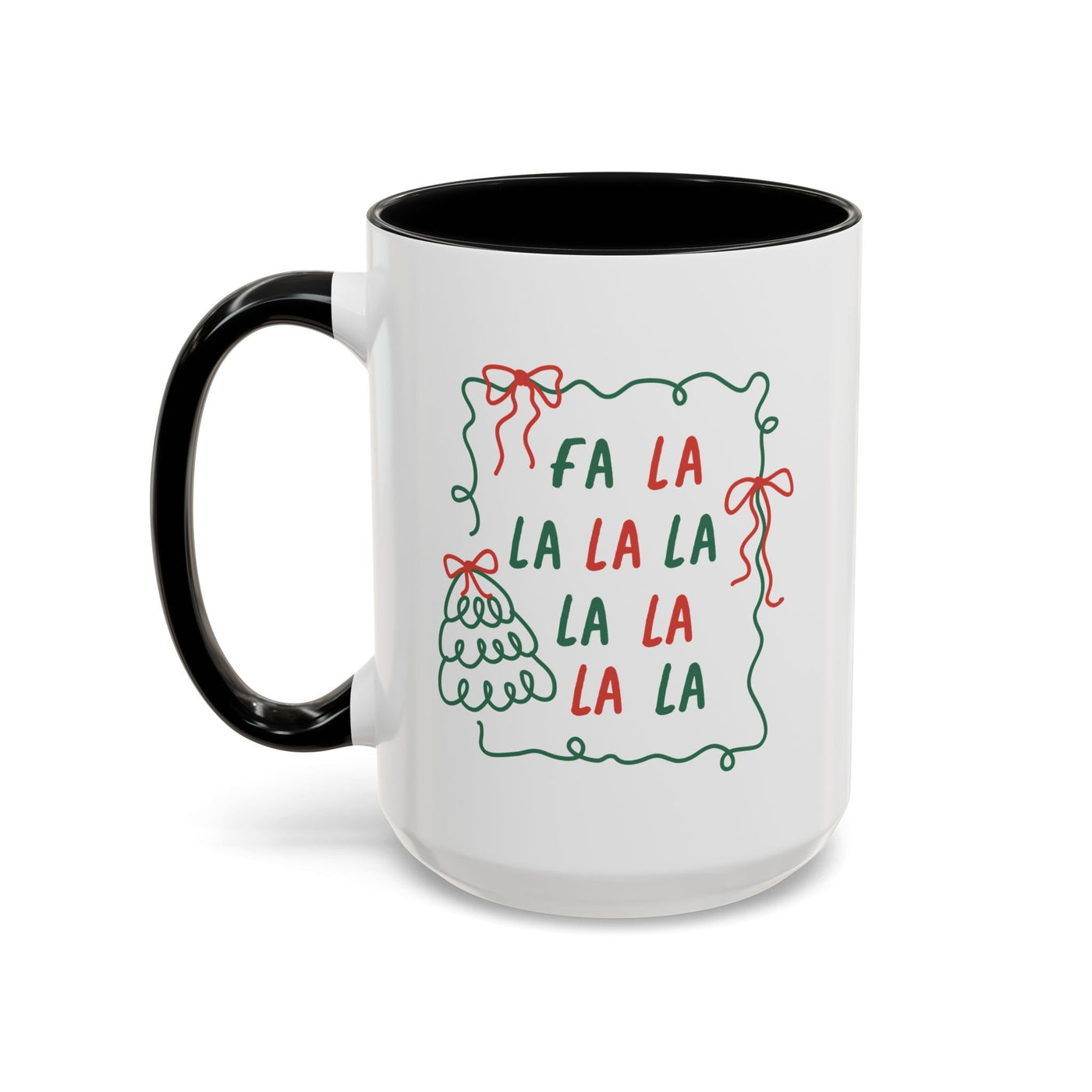 Fa La La Christmas Coffee Mug with black handle and festive minimalist design on white ceramic cup
