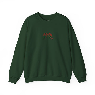 Dark green Holiday Bow Crewneck Sweatshirt with red bow embroidery on front, festive holiday design, classic fit, crew neckline