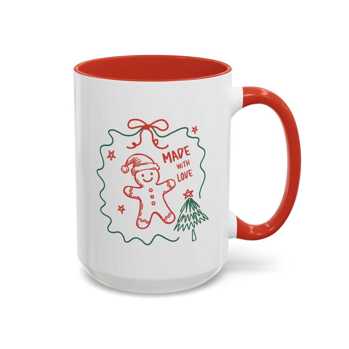 Minimalist festive Christmas coffee mug with red handle and interior, featuring a gingerbread man and "Made with Love" design, ceramic holiday cup.
