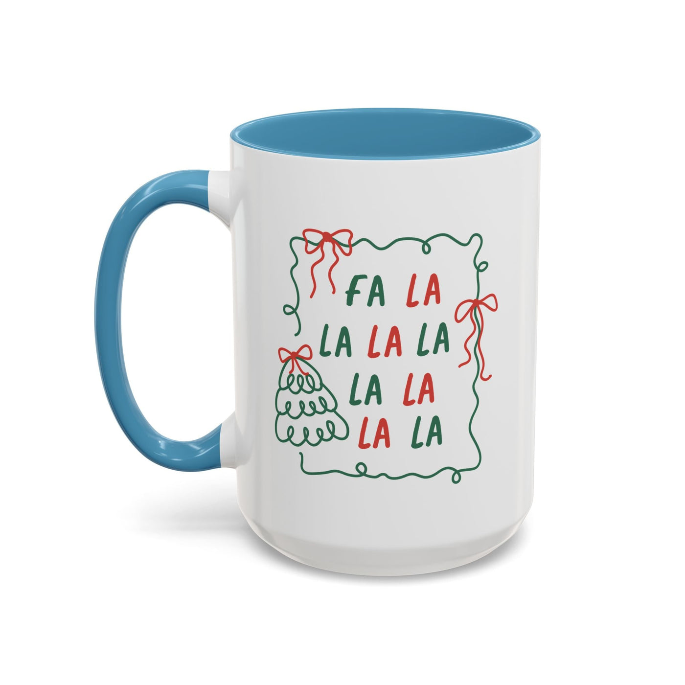 Fa La La Christmas Coffee Mug white ceramic with blue handle and festive red and green minimalist design