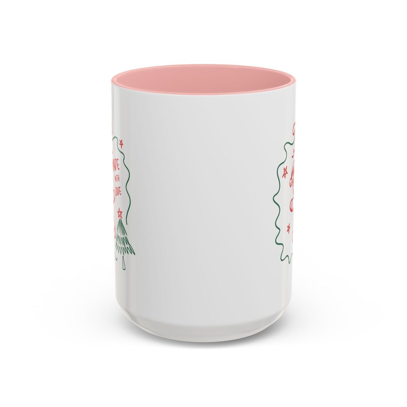 Minimalist festive Christmas coffee mug with white exterior and pink interior, ceramic holiday cup for coffee lovers, available in 11oz and 15oz sizes