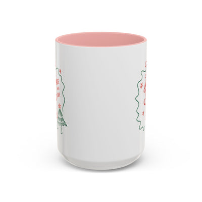 Minimalist festive Christmas coffee mug with white exterior and pink interior, ceramic holiday cup for coffee lovers, available in 11oz and 15oz sizes