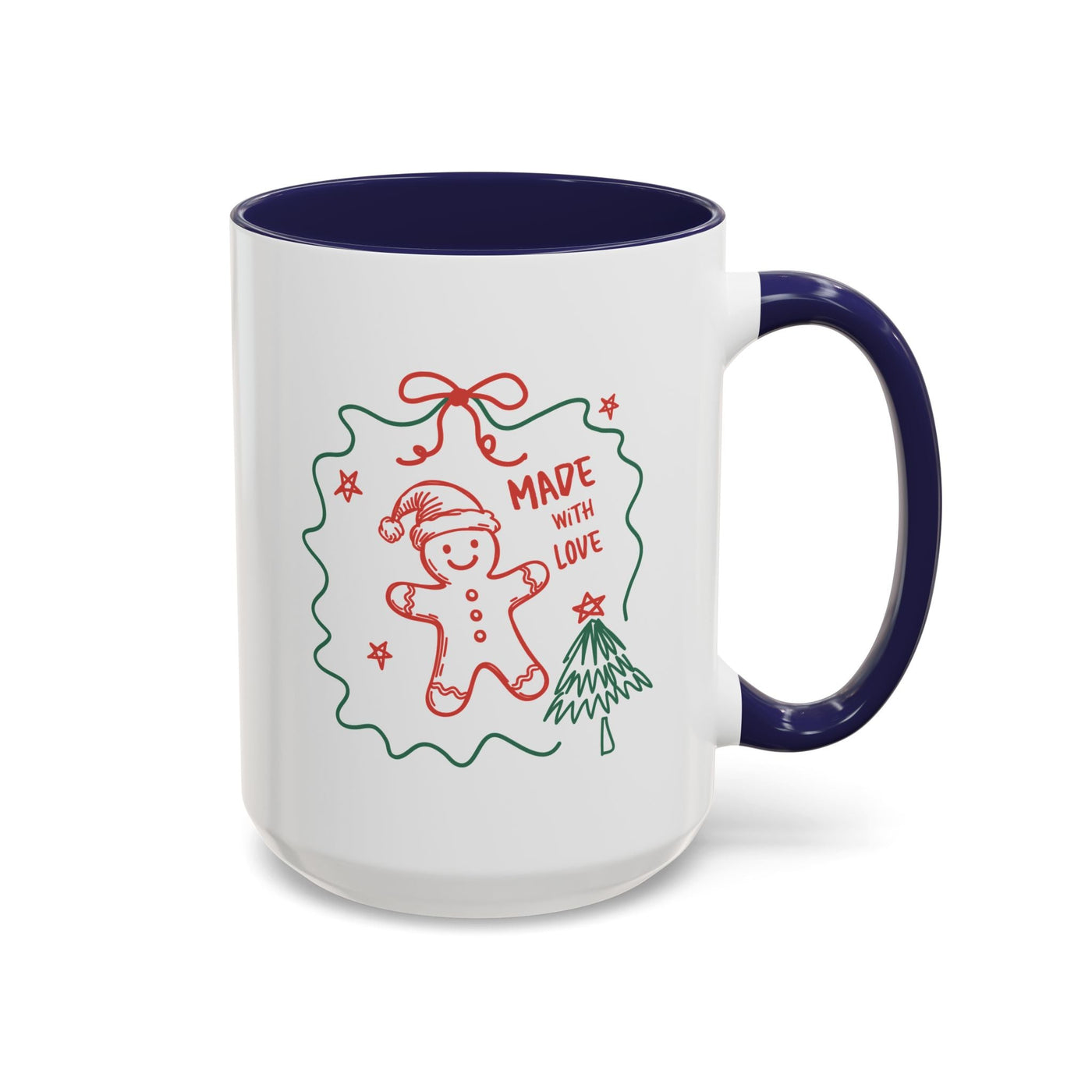 Festive Christmas coffee mug with gingerbread design and navy blue handle and interior, ceramic holiday cup for coffee lovers