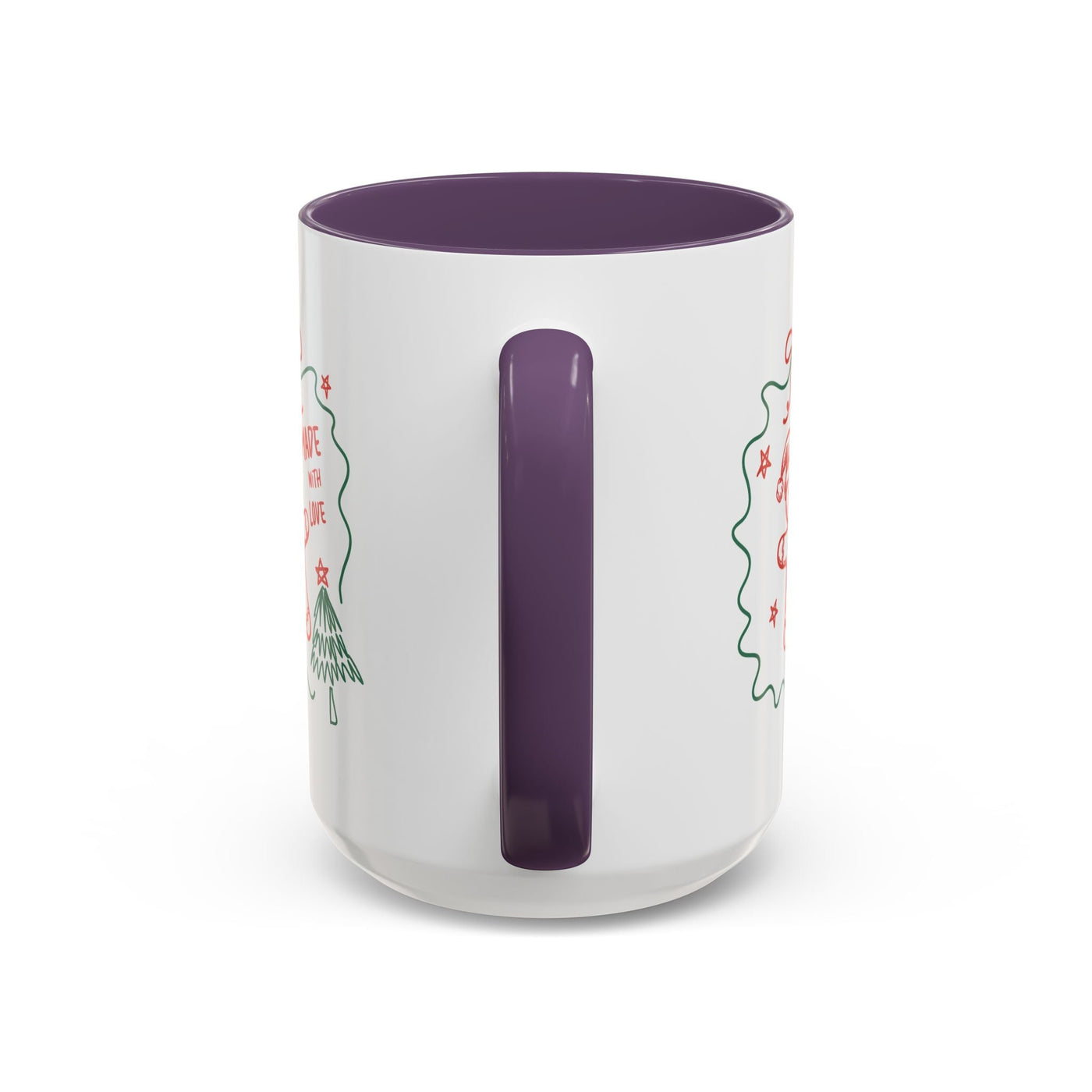 Minimalist festive Christmas coffee mug with purple handle and interior, ceramic, 11oz and 15oz sizes, holiday design for coffee lovers