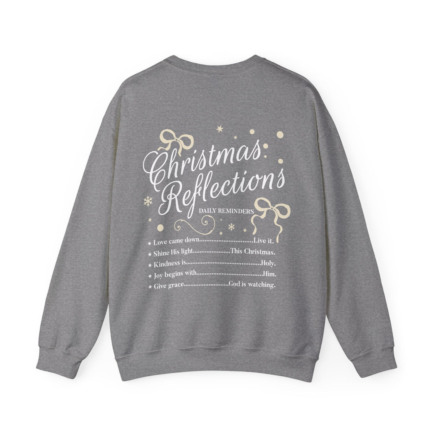 Coquette Christmas Faith Crewneck sweatshirt with Christmas Reflections design and inspirational faith-based text on back