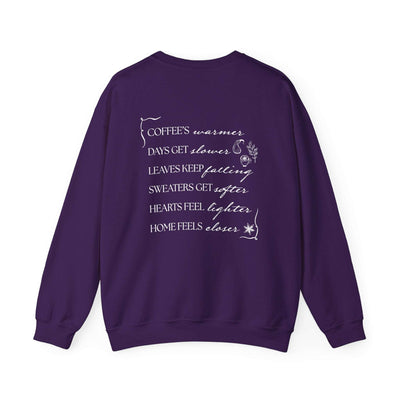 Purple Fall Things Sweatshirt with cozy autumn poem and minimalist design for coffee lovers and homebodies