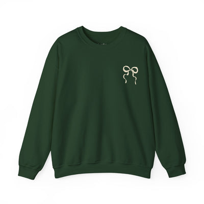 Dark green Coquette Christmas Faith crewneck sweatshirt with front bow design for holiday wear