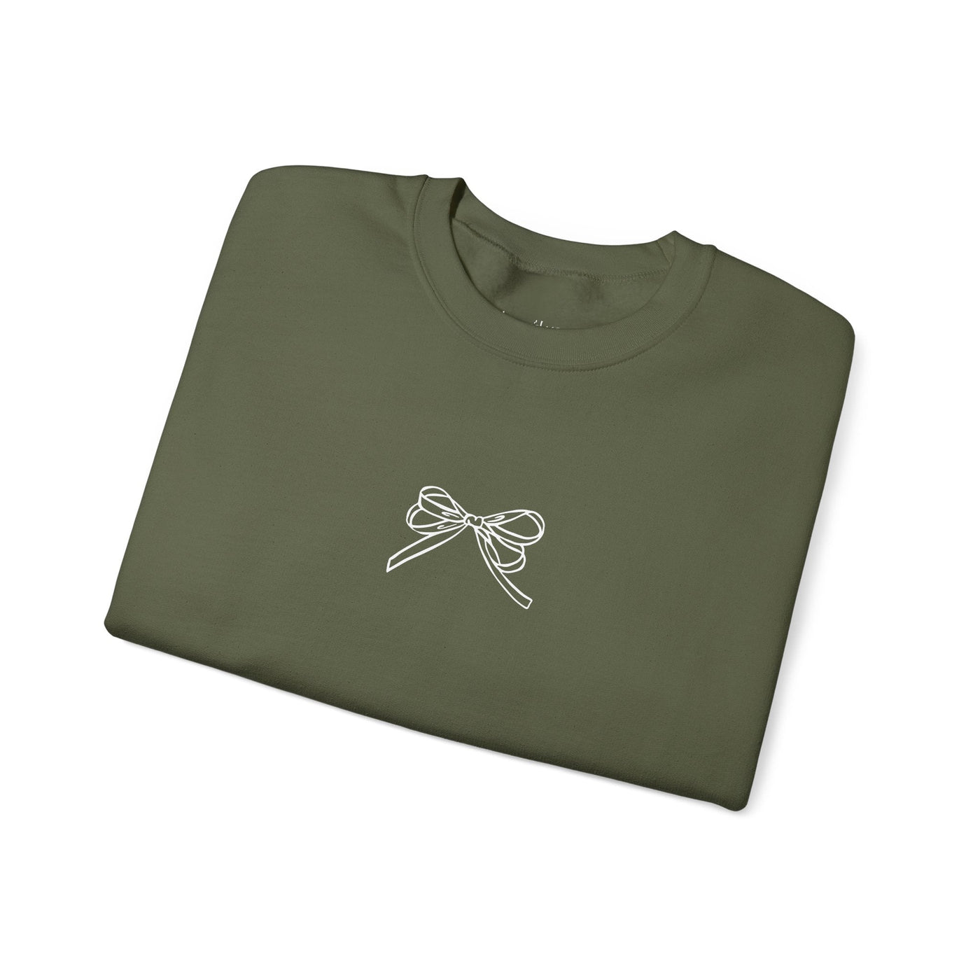 Holiday Bow Crewneck Sweatshirt in olive green with simple white bow design, festive holiday apparel for adults.