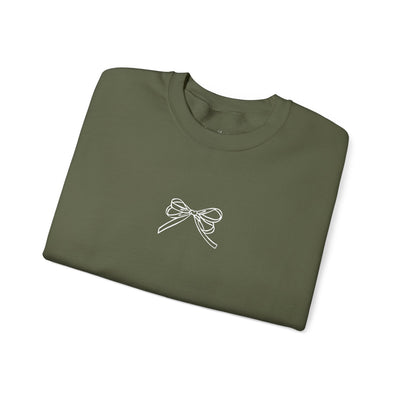 Holiday Bow Crewneck Sweatshirt in olive green with simple white bow design, festive holiday apparel for adults.