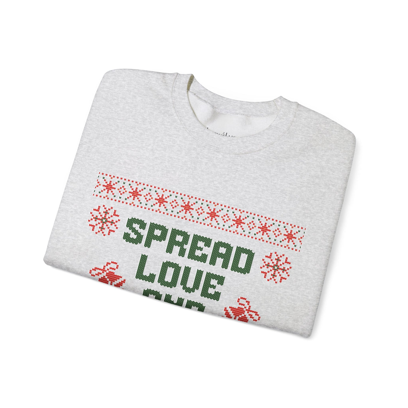Cozy grey crewneck sweatshirt with festive "Spread Love and Christmas Cheer" design in red and green holiday colors