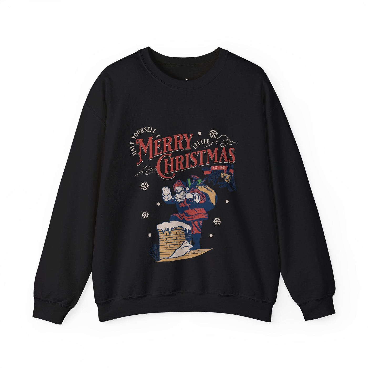Black vintage Santa crewneck sweatshirt with Santa carrying a gift bag and going into a chimney, Merry Christmas holiday design