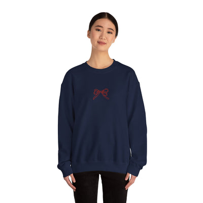 Navy Holiday Bow Crewneck Sweatshirt with festive red bow embroidery on front, classic fit, and comfortable fabric.