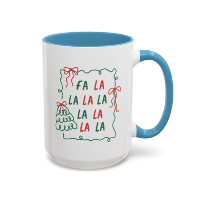 White ceramic Fa La La Christmas coffee mug with blue handle and interior, minimalist festive design, microwave and dishwasher safe