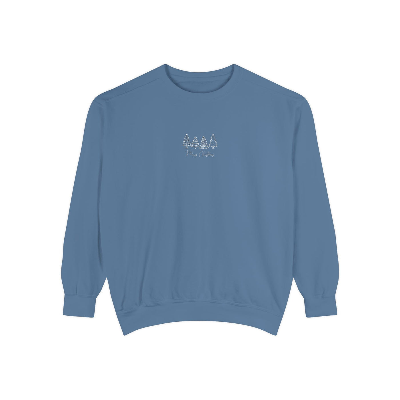 Comfortable cozy unisex garment-dyed sweatshirt in blue with minimalist tree embroidery design and ribbed cuffs and hem